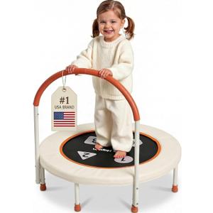 Happin 36'' Indoor Trampoline for Kids Ages 2-6, Foldable Mini Rebounder for Indoor & Outdoor Play with Foam Handle and Ultra Safe Padding, Perfect Toddler Gift for Boys & Girls (Beige and Orange)