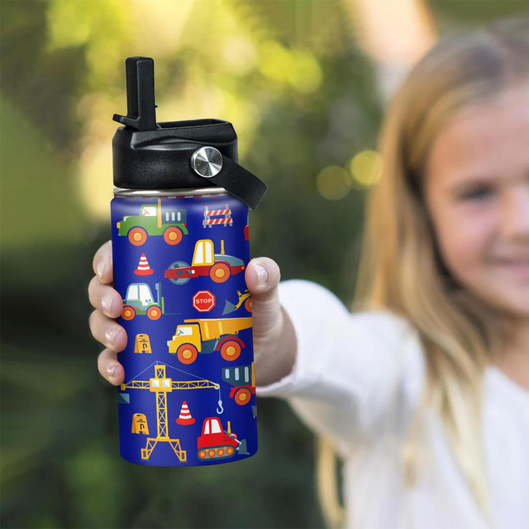 Kids Water Bottle with Straw Construction Insulated Water Bottles 12oz Stainless Steel Travel School Tumbler Double Wall Vacuum Cup for Boys Kid