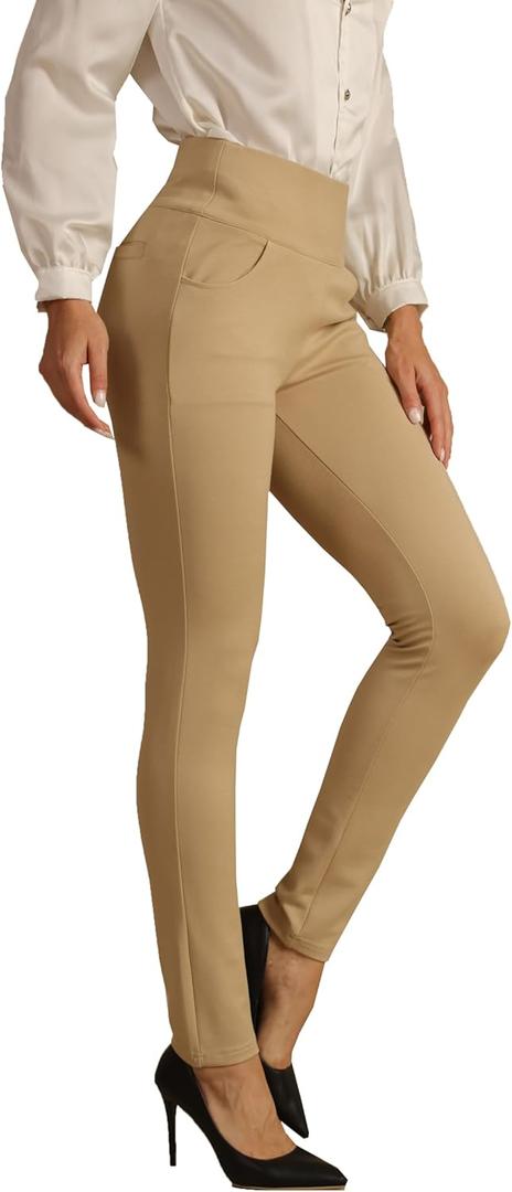 heipeiwa Women's Dress Pants Skinny High Waist Pull on Pants with Pockets Comfort Stretch Slim Fit Work Pants (Khaki)