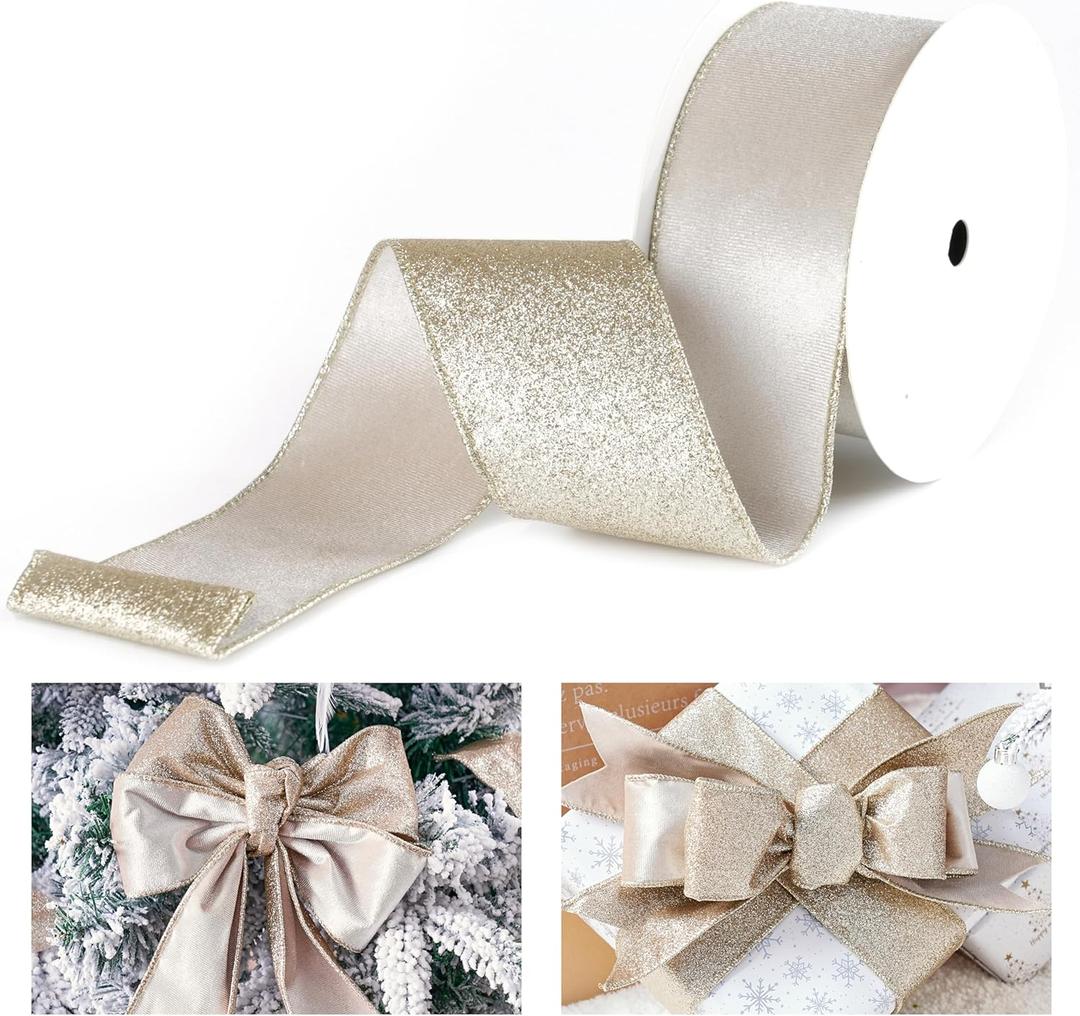 2 x Champagne Velvet Wired Ribbon with Glitter Back 2.5 Inch Ivory and Gold Christmas Wired Ribbon for Christmas Tree Decorations, Gift Wrapping, Mantel, Wreaths Supplies, Topper Bows (10 Yards)