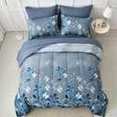 Anibedding Blue Comforter Set Queen Size 7 Piece Navy Botanical Gradient Leaves Ultra Soft Microfiber Down Alternative Bedding Set Lightweight Reversible Bed Comforter Set for All Season 90" x 90"