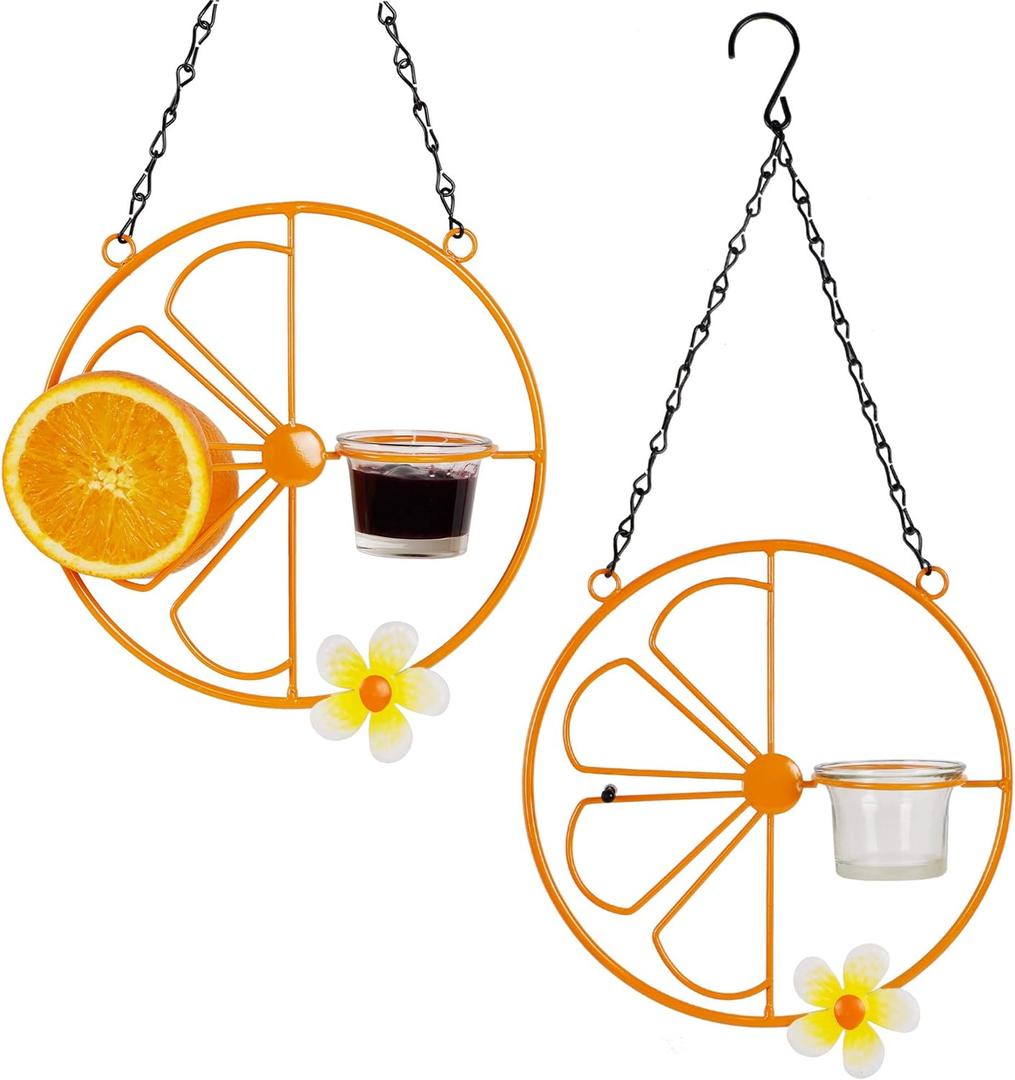 FORUP 2 Pack Oriole Bird Feeder for Outdoors, Orange Fruit Oriole Jelly and Oranges, Outdoor Garden Metal Hanging Drinking Grape Jelly Container Hummingbird Feeder