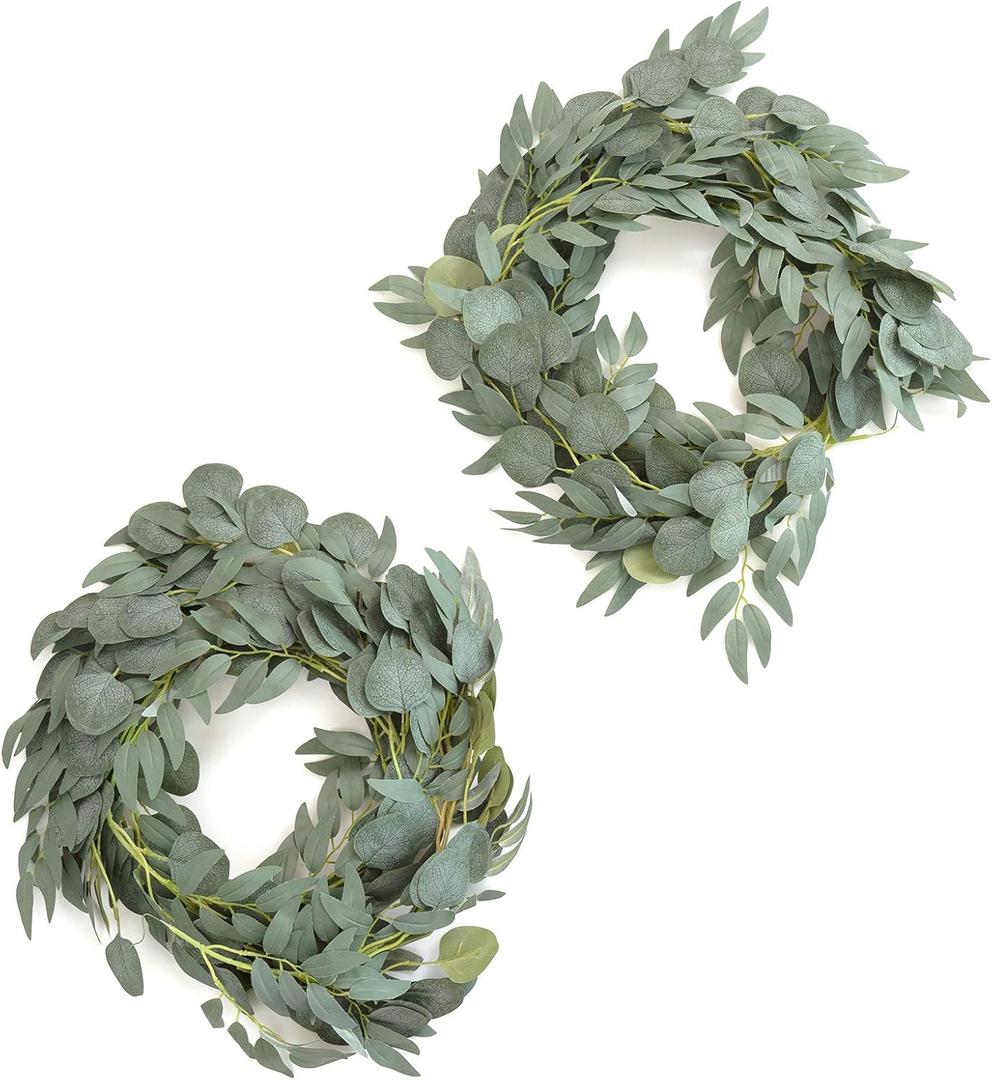 Ling's Moment Eucalyptus Garland for Table, 5.9ft Sage & Green Fake Eucalyptus Wreaths with Willow, 2pcs Real Touch Leaf Garland for Wedding Centerpieces Arch Rehearsal Dinner Bridal Shower