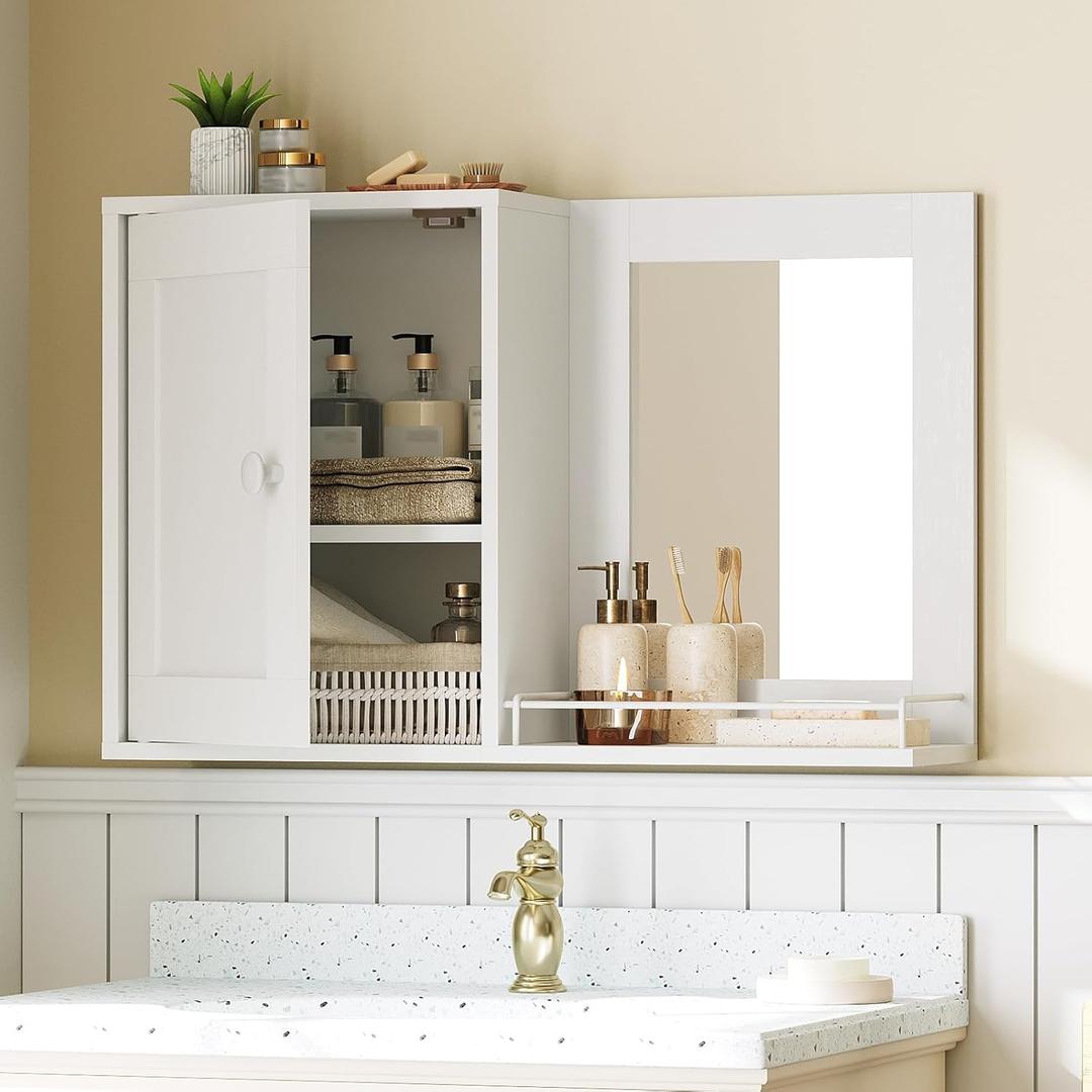 Bathroom Wall Cabinet with Mirror, Medicine Cabinet Mirror, Bathroom Wall Cabinet, Wall Mounted Home Storage, Adjustable Shelf, for Laundry Room, Bedroom, Camper, Hallway, White