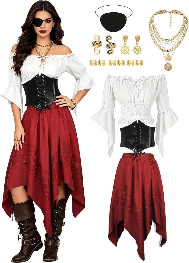 Pirate Costume Women Renaissance Medieval Outfit Skirt Top Pirate Accessories Halloween Cosplay Party Outfit, Medium, Red