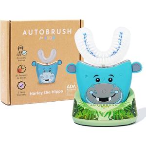 autobrush Kids U Shaped Electric Toothbrush, ADA Accepted, Sonic Pro with Unique 360° Nylon Bristles 3 Cleaning Modes,Whitening LED-Lights,Plays Music (Double-Sided),Ages 3-5, Hippo