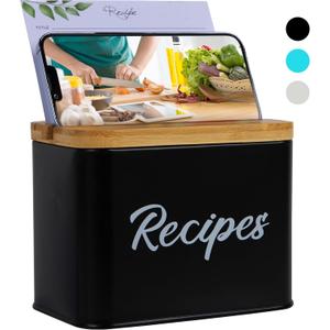 ArtEight Recipe Box - Black - 4"x6" Recipe Cards and Box Set - Durable Recipe Card Box with Thicker Metal - Includes 25 Cards and 10 Dividers - Beautiful Recipe Box with Cards and Dividers