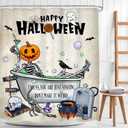 Happy Halloween Shower Curtain 60Wx72H Funny Skull Skeleton Pumpkin Gothic Spooky Ghost Bone in Bathtub Grave Unique Cool Bathroom Decor Horror Scary Bath Curtain Fabric Polyester 12 Pack Hooks