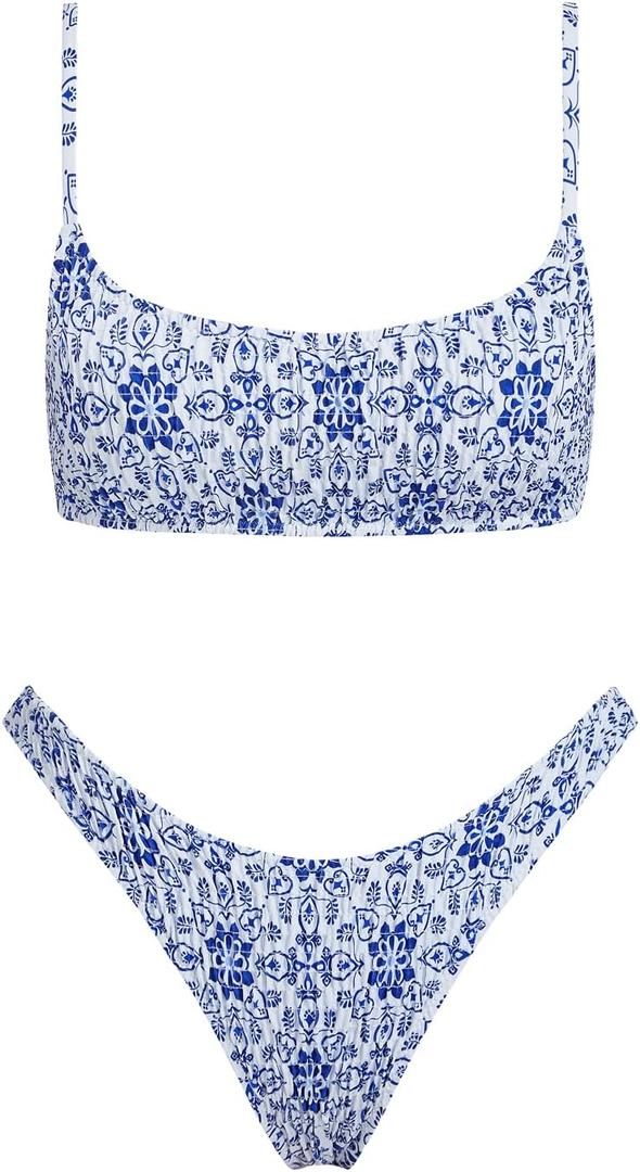 VOLAFA Women's Triangle Bikini Set Smocked Textured Scoop Frilled Print Ruched Elastic Swimsuit Two Piece Bathing Suit (6, Blue3) VOLAFA Women's Triangle Bikini Set Smocked Textured Scoop Frilled Print Ruched Elastic Swimsuit Two Piece Bathing Suit (6, Blue3)