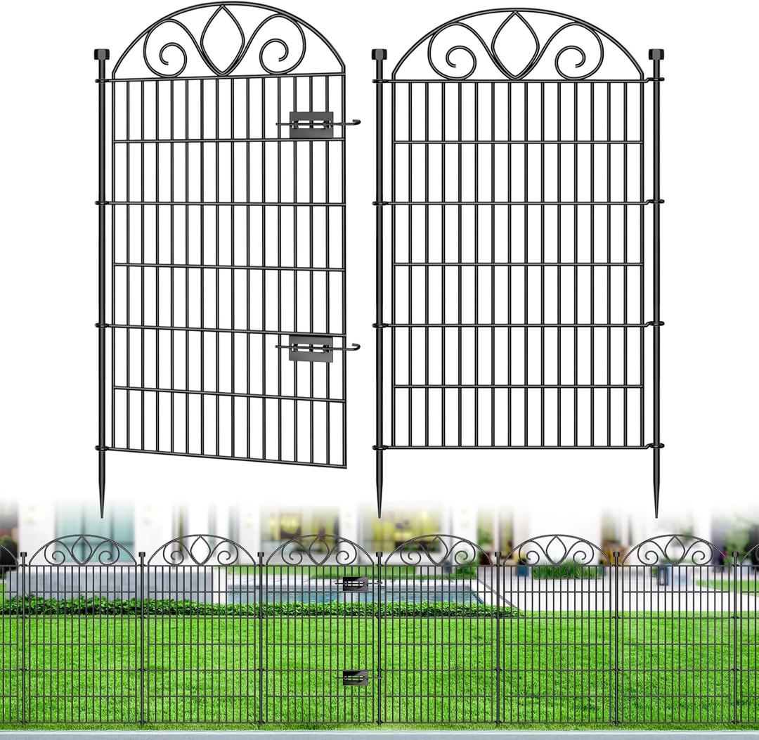 10 Panels No Dig Tall Garden Fence with Gate  44" H X 23.6' L Rustproof Metal Dog Fence Outdoor for Yard, Decorative Animal Barrier Fence for Pet, Garden Border, Patio, Flower | Temporary Fencing