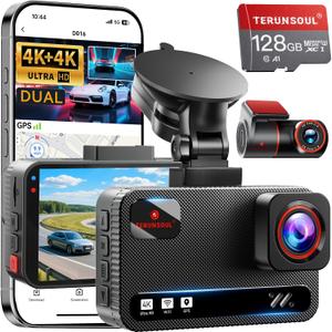 TERUNSOUl 4K+4K Dash Cam Front and Rear, Free 128GB Card Included, 5.8GHz WiFi Dash Camera for Cars, Built-in GPS, G-Sensor, 170Wide Angle, 3" IPS Screen, 24H Parking Mode, Support 512GB Max (Black)