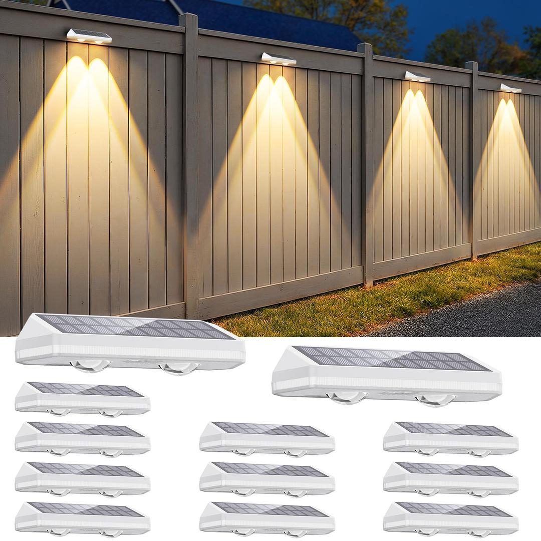Solar Fence Lights Outdoor ,3000/4500/6000K 13 Mode, 12 Pack Fence Lights Solar Powered with Ultra-Bright Lens IP65 Waterproof,Solar Wall Light for Backyard/Step/Patio/Deck/Stair/Railings(White)