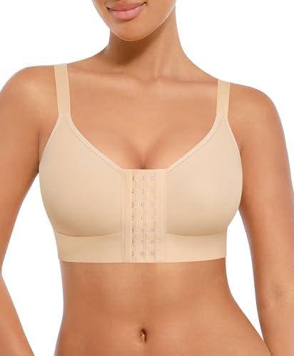 FeelinGirl Post Surgery Bras for Women Front Closure Mastectomy Bras Surgical Wireless Full Coverage Compression Bra, L, Beige