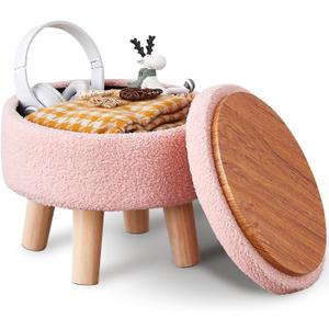 Wimarsbon Storage Ottoman, Modern Round Footrest with Soft Padded Seat, Teddy Velvet Footstool with Wood Legs, Accent Small Table or Plant Stand for Hallway, Living Room (Pink)
