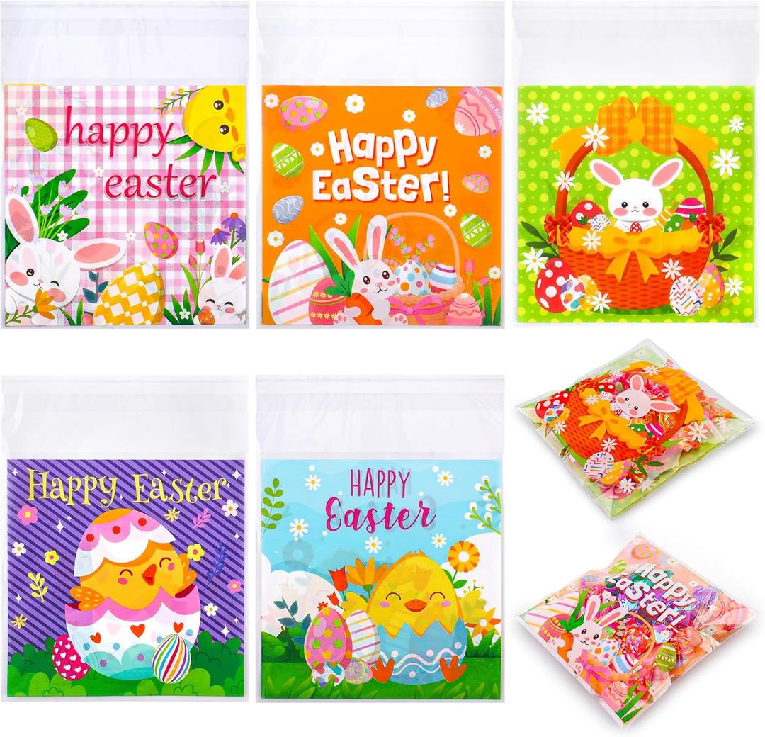 Easter Treat Bags, 100 PCS Self Sealing Clear Easter Goodie Bags, Plastic Easter Cellophane Candy Cookie Snack Goody Gift Bags for Easter Spring Holiday Party Favors Supplies Gift Giving Decorations