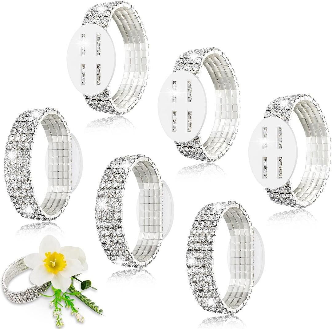 Junkin 6 Packs Corsage Bracelet Wrist Corsage Rhinestone Elastic DIY Wrist Rhinestone Bracelet Accessories for Wedding Decor Prom Ceremony Anniversary Bridal Shower Party(Silver)
