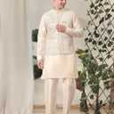 Pro-Ethic Style Developer Mens Indian Traditional Silk Kurta Set With Jacket For Men Floral Design (C-112) Cream, X Large