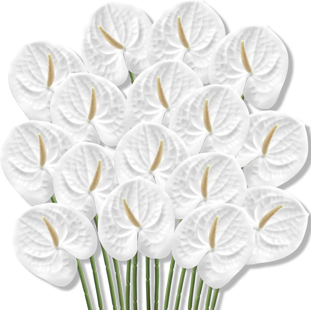 Hanaive 20 Pcs Artificial Anthurium Flowers 23.6 Inch Fake Anthurium Flowers for DIY Vase Bouquets Centerpiece Arrangements Wedding Bridal Shower Party Home Decor(White)
