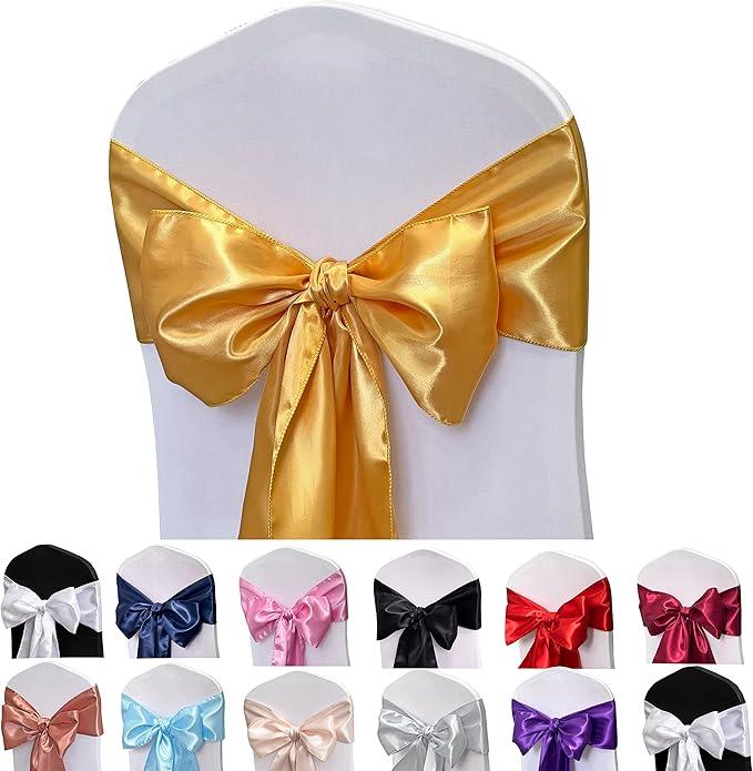 Satin Chair Sashes Bows 50PCS Chair Ribbon Ties Back Sash for Wedding Party Events Cover Decoration (Gold) Satin Chair Sashes Bows 50PCS Chair Ribbon Ties Back Sash for Wedding Party Events Cover Decoration (Gold)