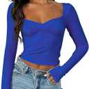ForeFair Women's Sexy Long Sleeve Going Out Tops Pleated Bustier Shirt Cute Sweetheart Neck Y2K Cropped Top (Blue, Size S )