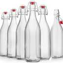 Swing Top Glass Bottles [1 Liter / 33 fl. oz.] [Pack of 6]  Flip Top Coquito Bottles for Kombucha, Fermentation, Beer, Kefir, Wine  Airtight Stopper Lids with Extra Gaskets, Funnel, Labels & More
