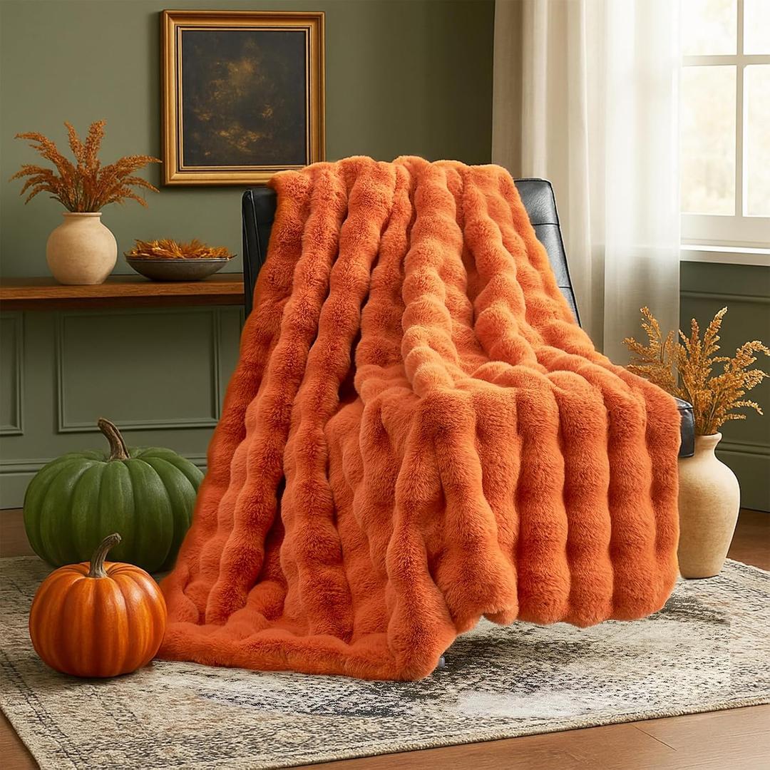 Cozy Bliss Faux Fur Throw Blanket for Couch, Fuzzy Soft Plush Thick Bubble Blanket for Sofa Bedroom Living Room, 50 * 60 Inches Halloween Burnt Orange
