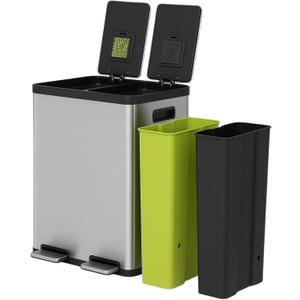 Simpli-Magic 16 Gallon (60L) Step Trash Can  Dual Compartment Kitchen Garbage Can with Waste & Recycling Bins  Slow-Close Lid, Odor Control, Hands-Free, Inner Bases, Premium Stainless Steel