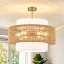 23.6" Rattan Light Fixtures Ceiling Mount, 6-Light Boho Flush Mount Ceiling Light with Fabric Lampshade, Hand Woven Rattan Chandelier for Dining Room Living Room Bedroom Kitchen Island Farmhouse Foyer