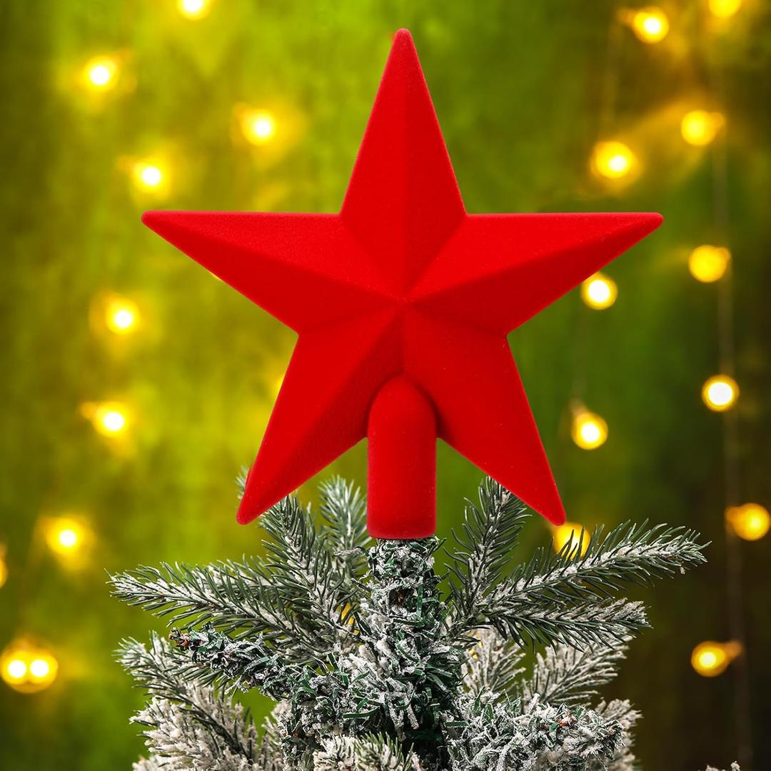 Gejoy 7.87 Inch Christmas Tree Topper Velvet Star Tree Topper Red Decorative Holiday Star Ornament Christmas Decoration for Xmas Gift Home Decor