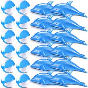 Realspring 24 Pcs Beach Balls Inflatable Dolphin Party Favors Set with 20'' Dolphin Pool Float and 16'' Blow up Pool Balls Bulk for Summer Beach Swimming Party Decorations (Blue)