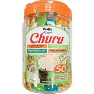 INABA Churu Cat Treats, Grain-Free, Lickable, Squeezable Creamy Pure Cat Treat/Topper with Vitamin E & Taurine, Each 0.5 Ounce (Pack of 50), 50 Tubes, Chicken & Seafood Variety, Best By 09/25/2025