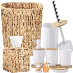 Bathroom Accessories Set,10PC Wicker Home Set with Trash Can, Tissue Box,Tray, Soap Dispenser, Soap Dish, Toothbrush Holder, Toothbrush Cup,Toilet Brush and Qtip Holders (White, Bath Set)