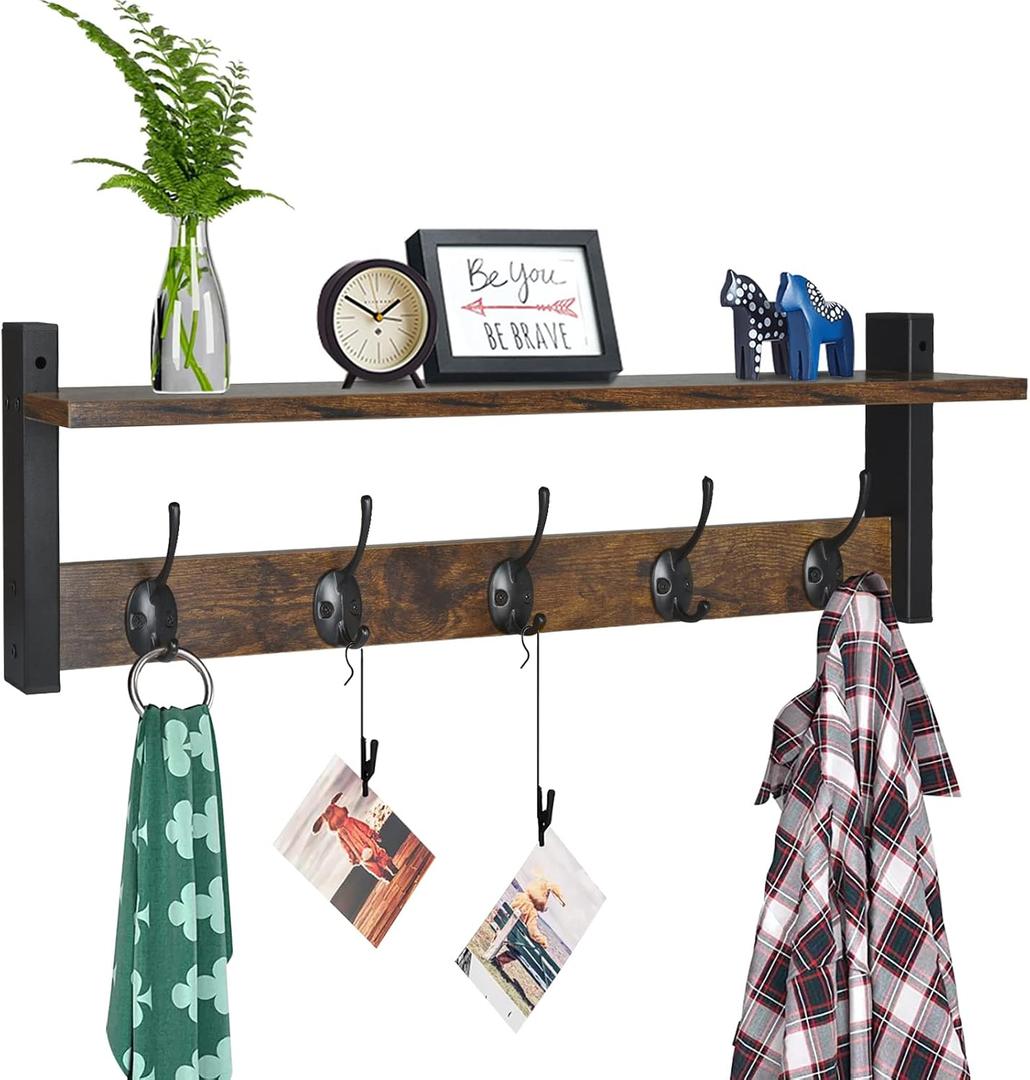 Homode Coat Rack with Wall Mount, 24 Inch Long Entryway Wall Shelf with Hooks, Wood Hanger with Storage Shelf for Bathroom, Hallway, Rustic Brown Black