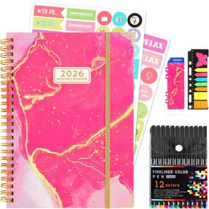 2026 Planner, Daily Weekly Monthly Planner with Tabs, 2026 monthly planner with Color Pen, Sticky Notes and Stickers, 6.2" x 8.5", Durable Twin Wire Binding, Storage Pocket - Pink Marble