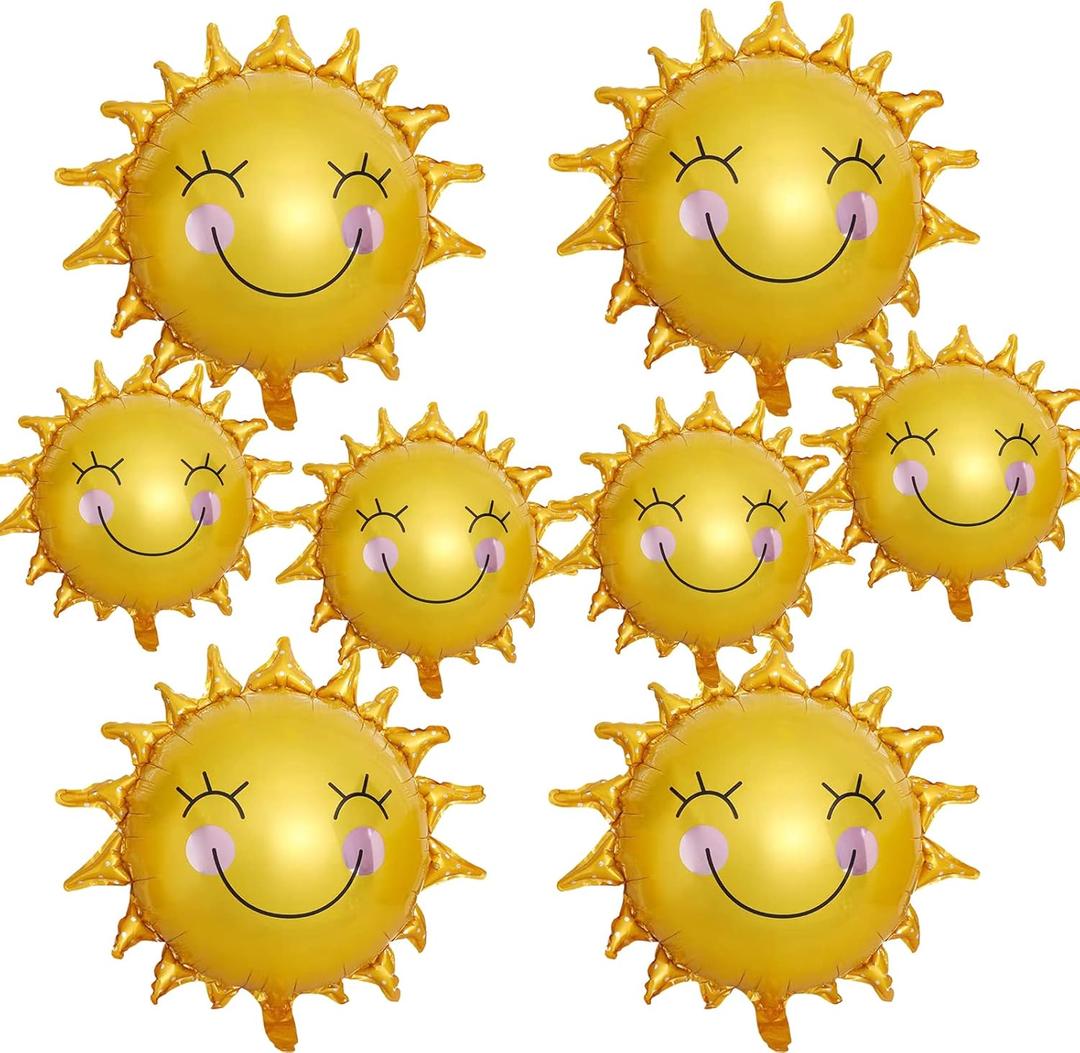 8PCS Sun Smil Foil Balloons Sunshin Aluminum Balloon Gold Summer Sun Helium Mylar Party Balloons for Birthday Baby Shower Christmas Party