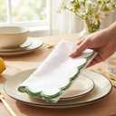PurpleEssences Scalloped Embroidery Cloth Napkins - Spring Easter Summer - Table Decor - 100% Cotton - Set of 4-18x18 inch - White - Edges - Sage Green
