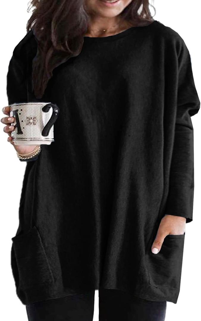 Eytino Women's Plus Size Long Sleeve Tops Crewneck Lightweight Sweatshirt Loose Casual Oversized T Shirts with Pockets, 5X, (C Black)