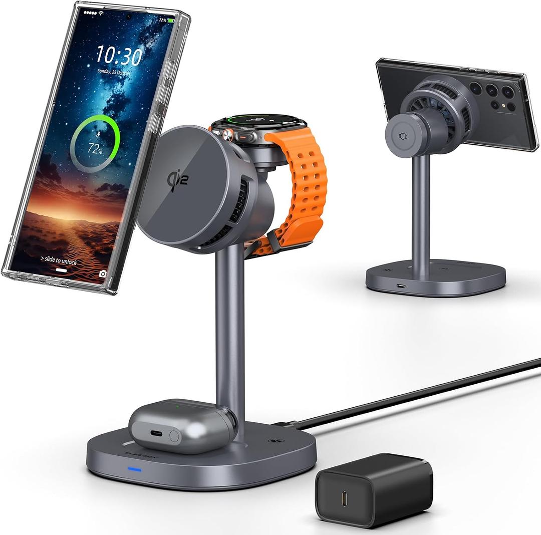 Magnetic Wireless Charger for Samsung, Qi2 Android MagSafe Charging Station with TEC Cooling Fan, 3 in 1 Nightstand Organizer for Samsung Galaxy S26 Ultra, Galaxy Watch Ultra 8, Buds4 Pro