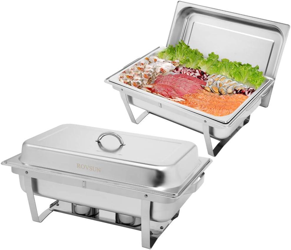 ROVSUN 8 Qt 2 Pack Full Size Stainless Steel Chafing Dishes for Buffet, NSF Silver Rectangular Catering Chafer Warmer Set with Trays Pan Lid Folding Frame Stand for Kitchen Party Banquet Dining