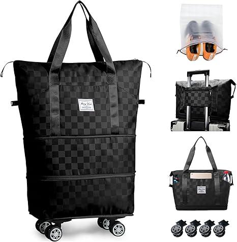 Rolling Duffle Bag with Wheels and Shoe Bag for Travel Expandable Foldable Travel Duffel Bag Carry on Luggage Bag Checkerboard Weekender Bag for Men Women