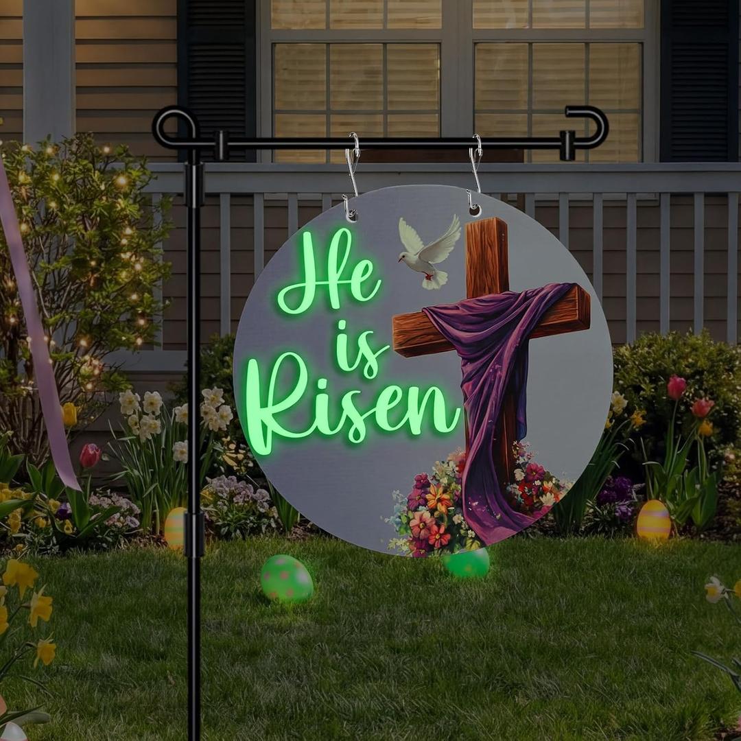 Tegeme Easter Garden Flag Banner Glow in Dark Plastic Waterproof Outdoor Decoration 12.6 x 12.4 Inch He Is Risen Easter Yard Sign for Lawn Porch Pathway Outdoor Home Decor