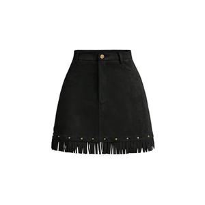 WDIRARA Women's Faux Suede Fringe Skirt High Waisted Tassel Western Mini Skirts Black Small
