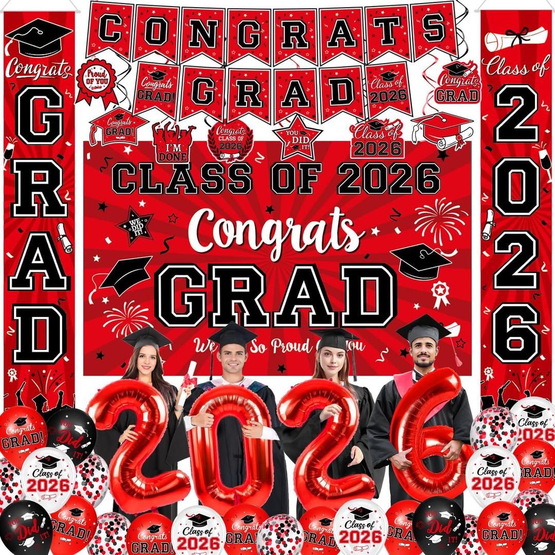 Graduation Decorations Class of 2026 - Red Graduation Party Supplies with Congrats Grad Backdrop & Banner, Hanging Swirls, Porch Sign, Balloons for High School & College Celebrations