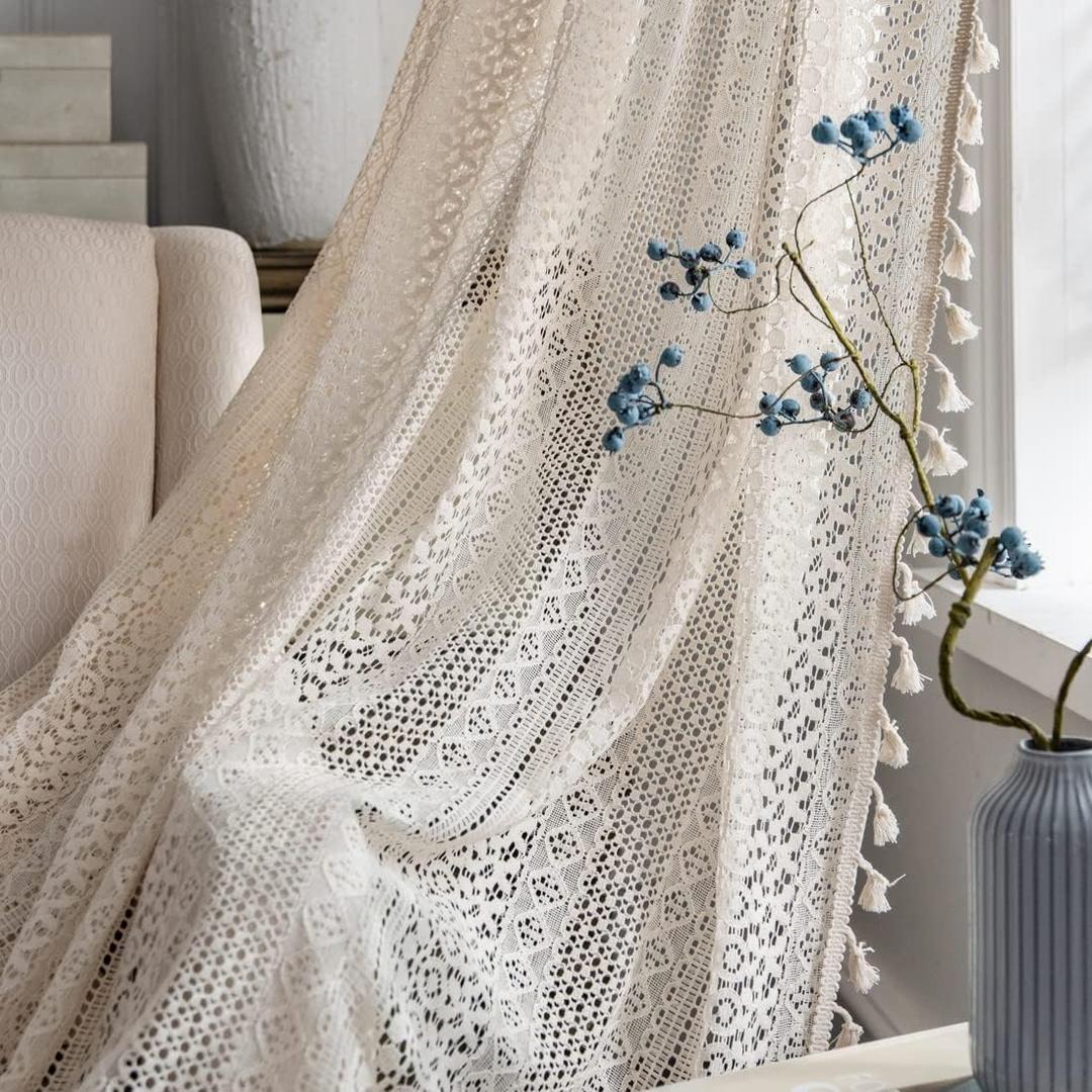 Colorigan Boho Curtains for Living Room Bedroom, 96 inch Length 2 Panels Set Cotton Linen Semi Sheer Farmhouse Window Curtains with Tassel & Rod Pocket, Beige Lace Crochet Rustic Long Curtain Drapes (Cream Crochet Geometry Semi Hollow Out)