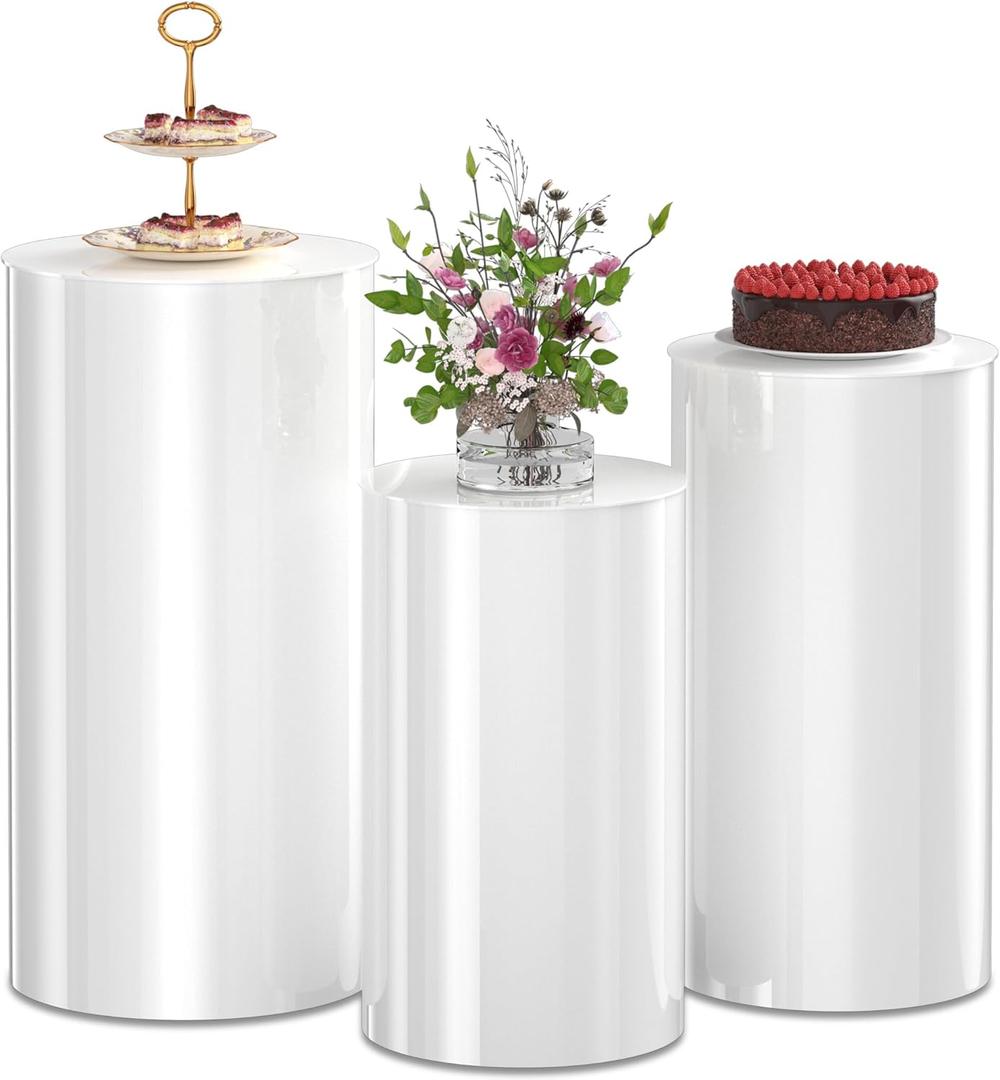 White Cylinder Pillar Stand for Party 3 Pieces of Square Cylinder Pedestal Display Plinths for Birthday Party Decor 35.4'' (XXL), 29.5'' (XL), 23.6'' (L)