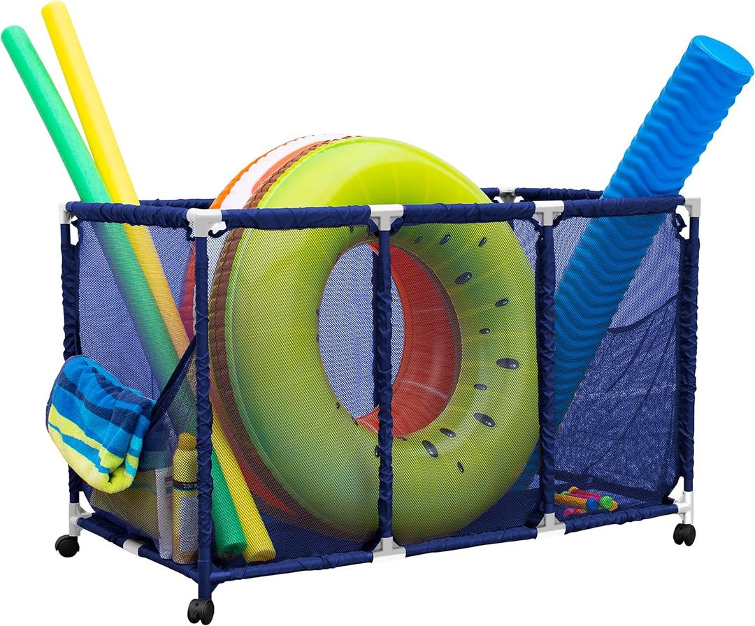 Pool Noodles Holder, Toys, Balls and Floats Equipment Mesh Rolling Storage Organizer Bin, Kids Height, Large, (43" W x 25" L x 28" H), Blue/White Style 563009