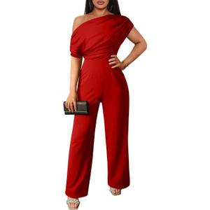 YMDUCH Women's Casual Sleeveless Off Shoulder Wide Leg Long Pant Jumpsuits (XX-Large, Red)