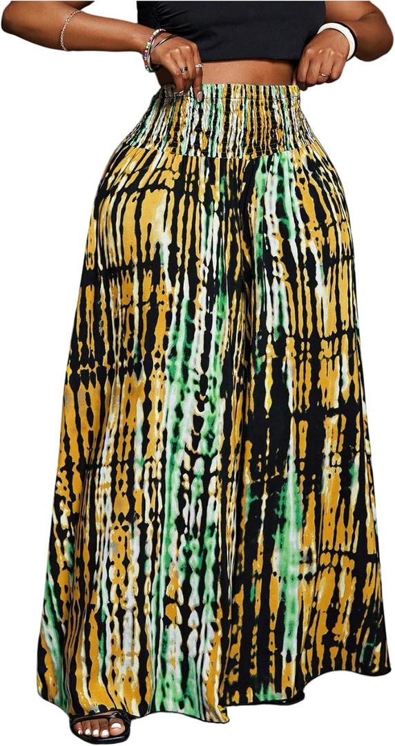 Women's Plus Size High Waisted Palazzo Pants Boho Wide Leg Smocked Vacation Baggy Trousers (XL)