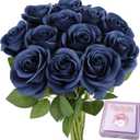 12pcs Roses Artificial Flowers Navy Blue Fake Roses Flowers with Long Stems Silk Flowers for Wedding Bouquet Centerpices Decorations Party Bridal Baby Shower Home Decor (12PCS, Navy Blue)
