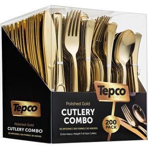 200-Piece Gold Plastic Cutlery Set - Disposable Gold Flatware - 100 Forks, 50 Spoons, 50 Heavy Duty Knives for Party Bulk